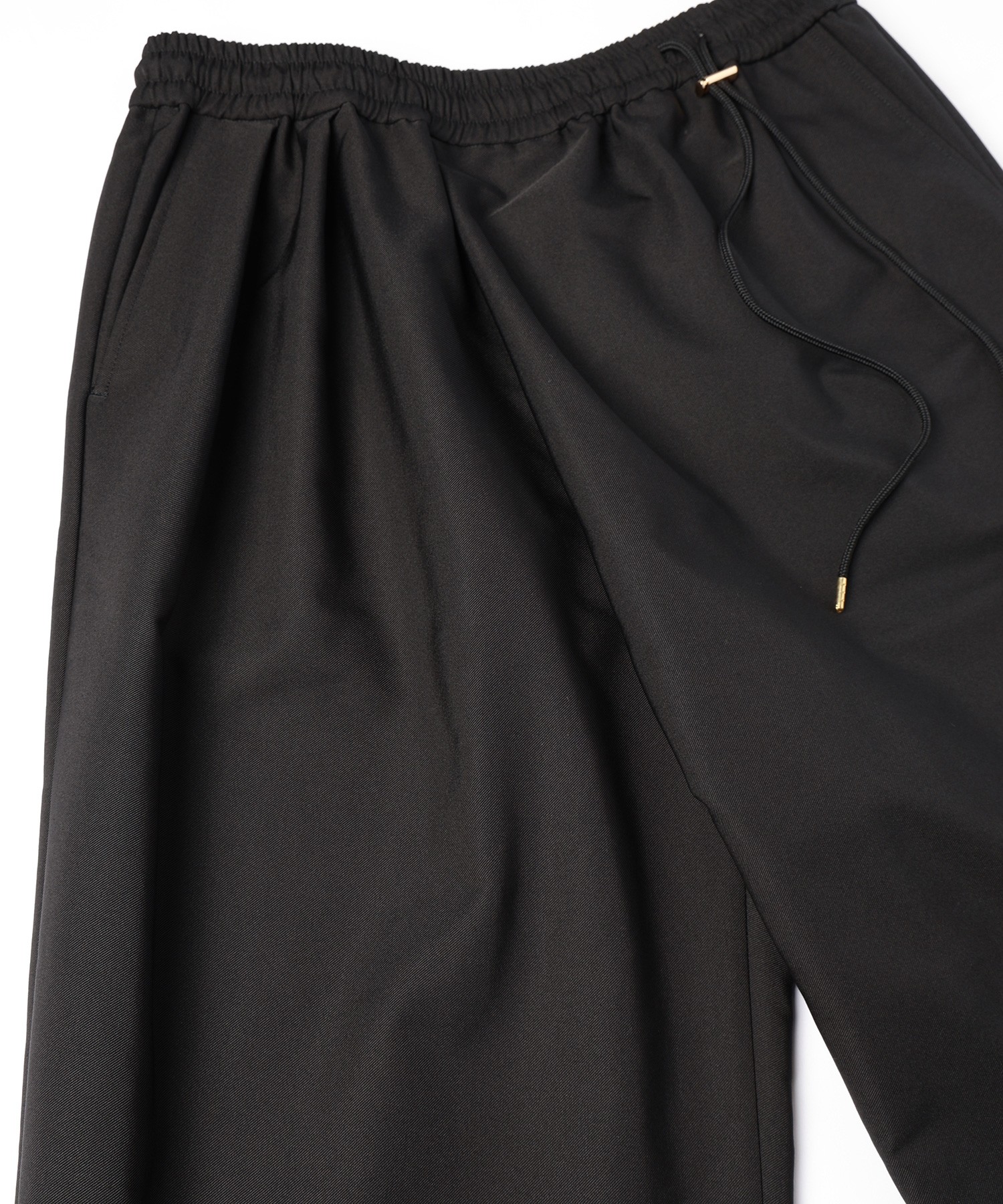 Chambray Gabardine Asymmetrical 2Tuck Drawstring Wrap Wide Pants