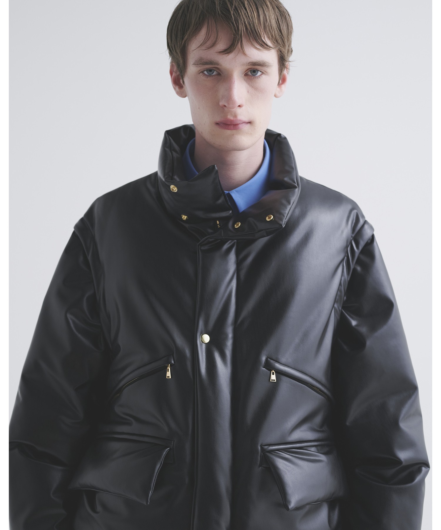 Faux Leather Removable Sleeve Down Jacket