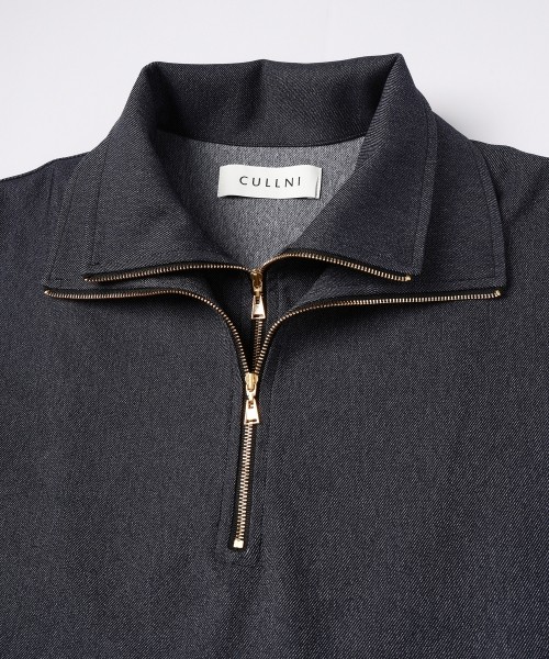 Faux Denim Layered Stand Collar Pullover