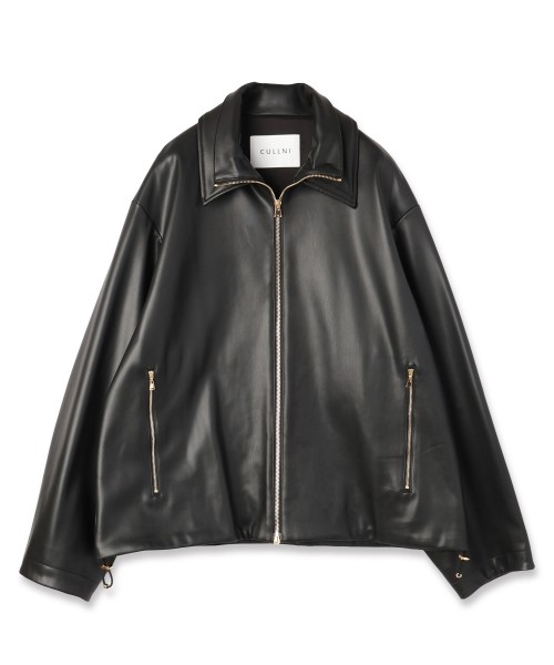Faux Leather Layerd Collar Zip Up Jacket
