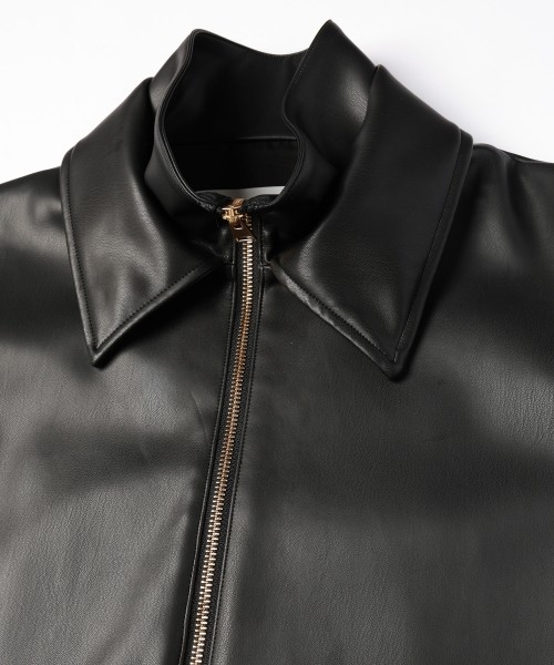 Faux Leather Layerd Collar Zip Up Jacket