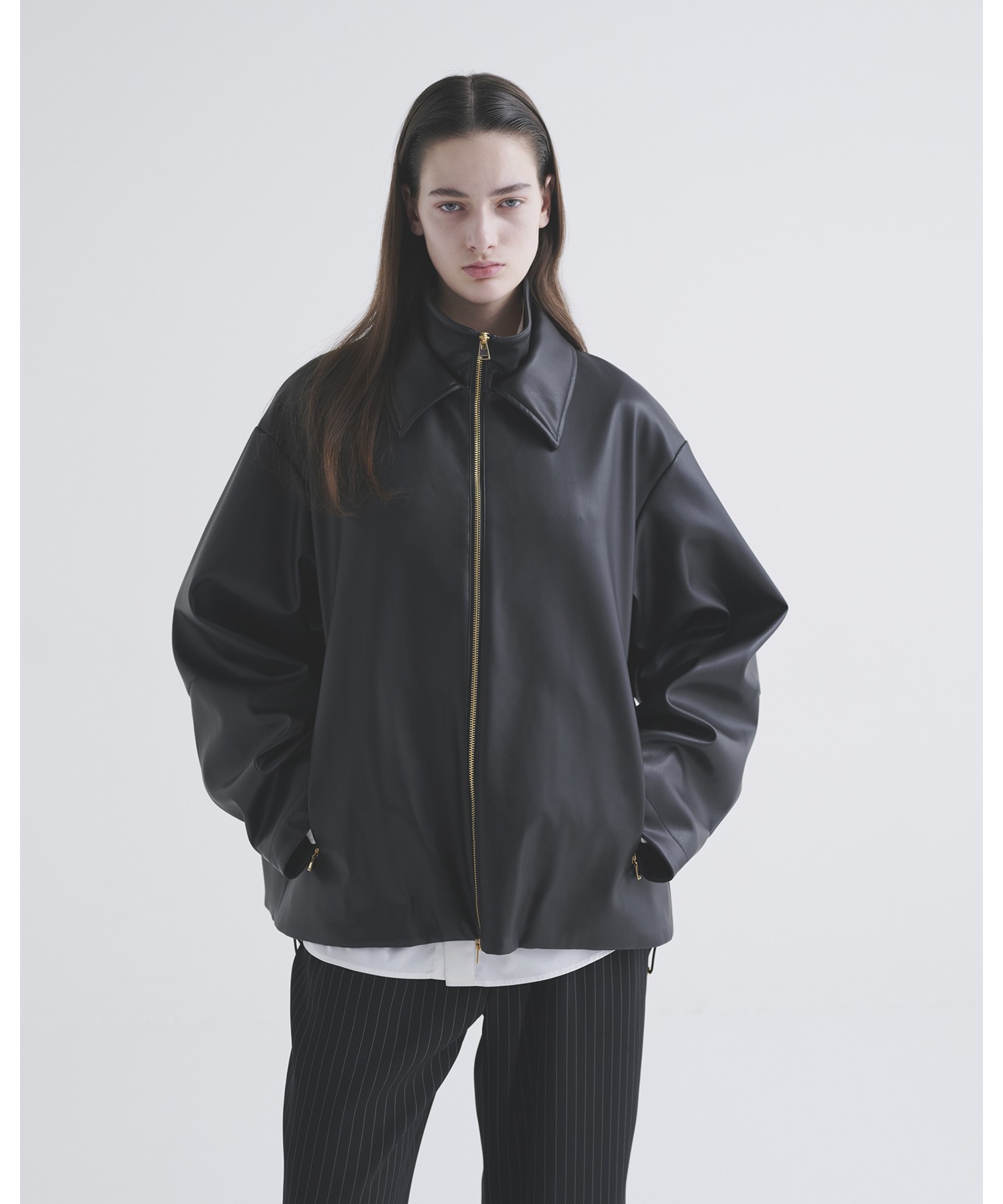 Faux Leather Layerd Collar Zip Up Jacket