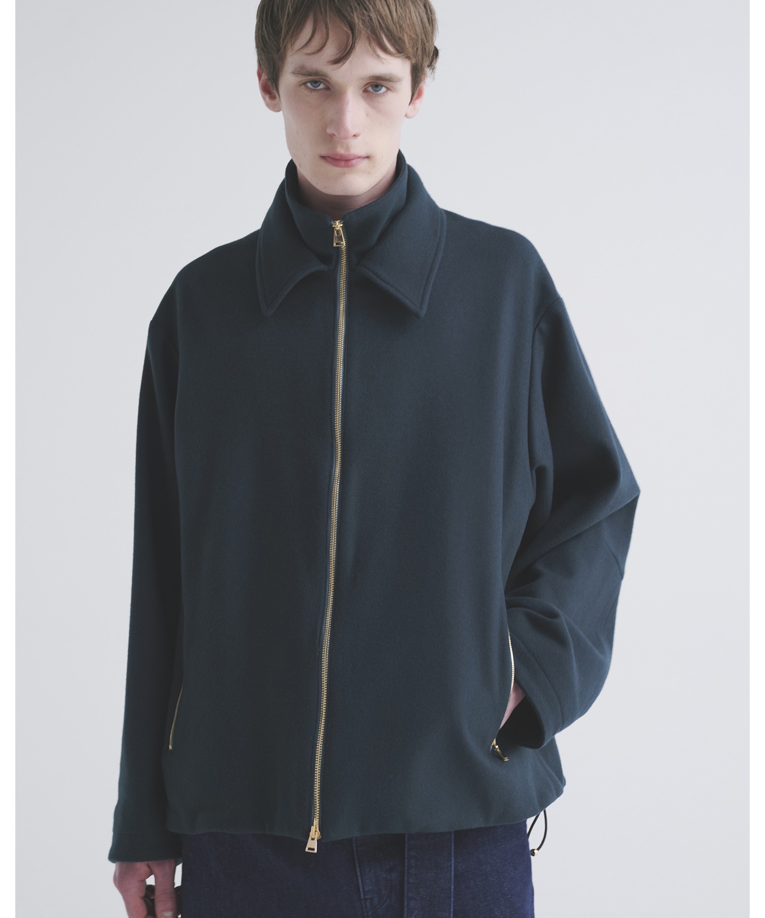 Lamb Wool Melton Double Collar Zip Up Jacket