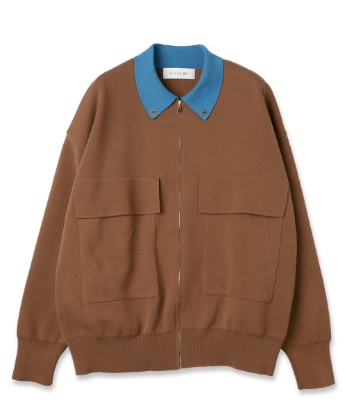 CULLNI 2 ボルドー 五分袖 ニットカットソー CULLNI ONLINE STORE / Bi Color Collarless Mesh Knit Jacket