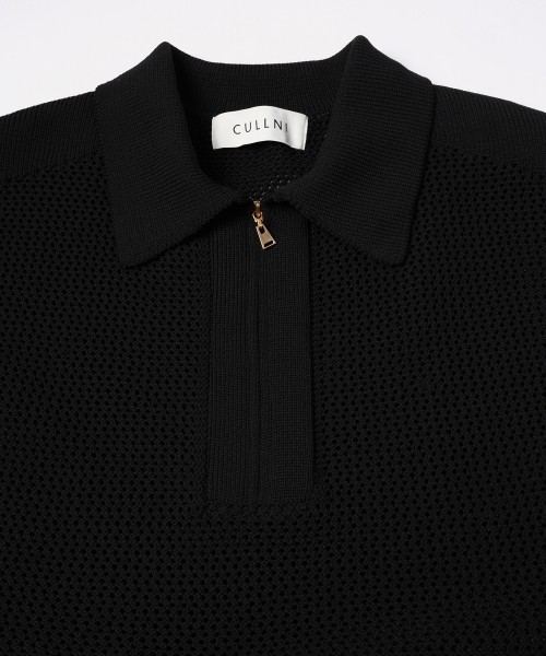 CULLNI ONLINE STORE / Bi Color Mesh Knit Zip Up Polo Shirt