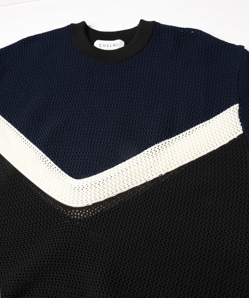 CULLNI ONLINE STORE / Bi Color Mesh Knit Short Sleeve Pullover