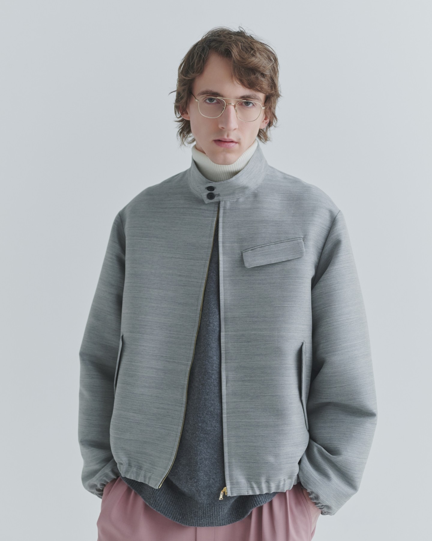 Silk Wool Twill Minimal Harrington Jacket