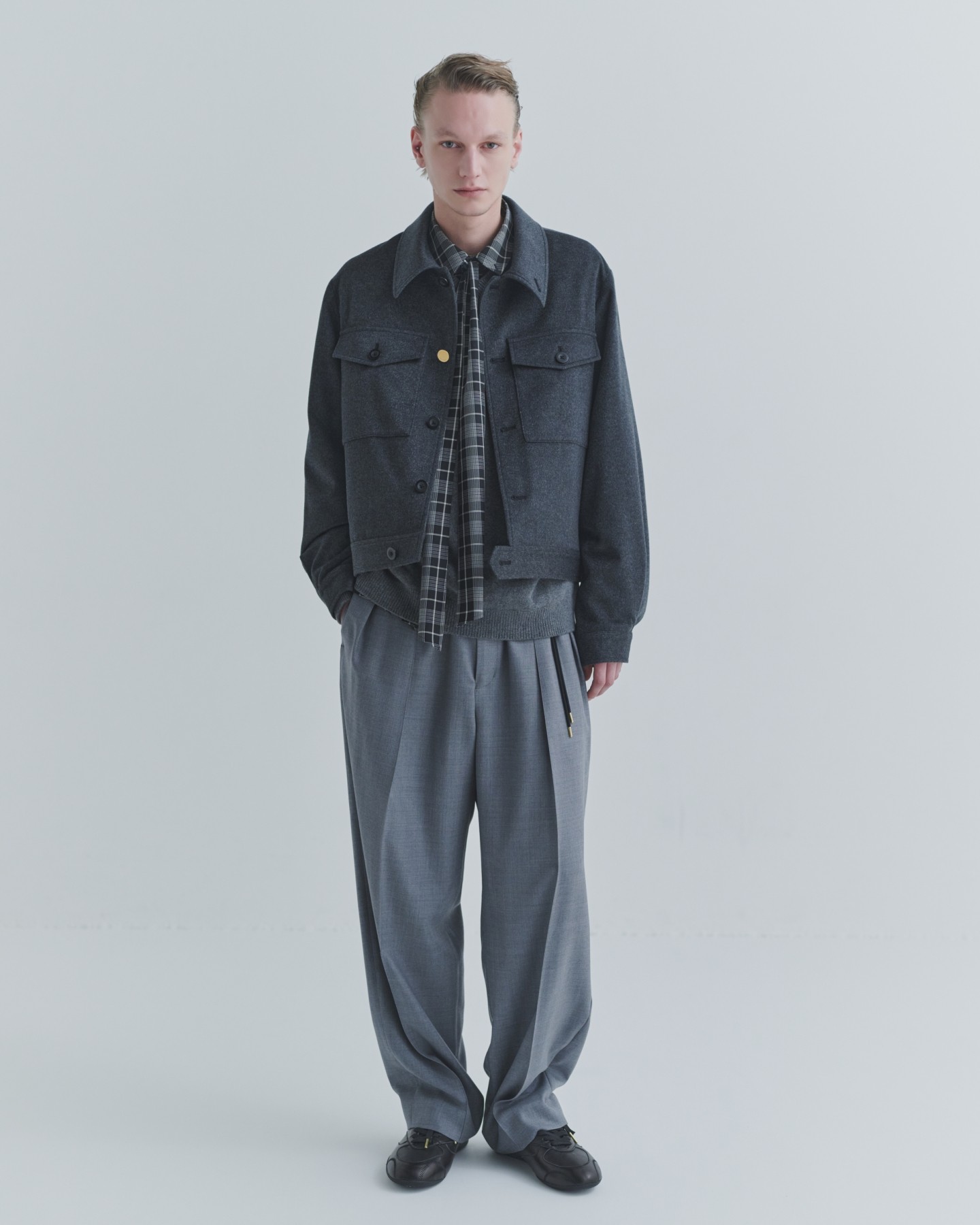 Super 120s Wool Twill Pintuck 2Tuck Drawstring Wide Pants