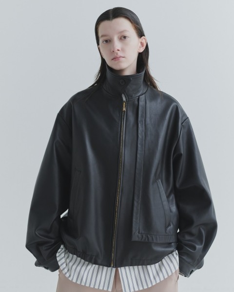Clean Lamb Leather Asymmetrical Layered Zip Up Blouson