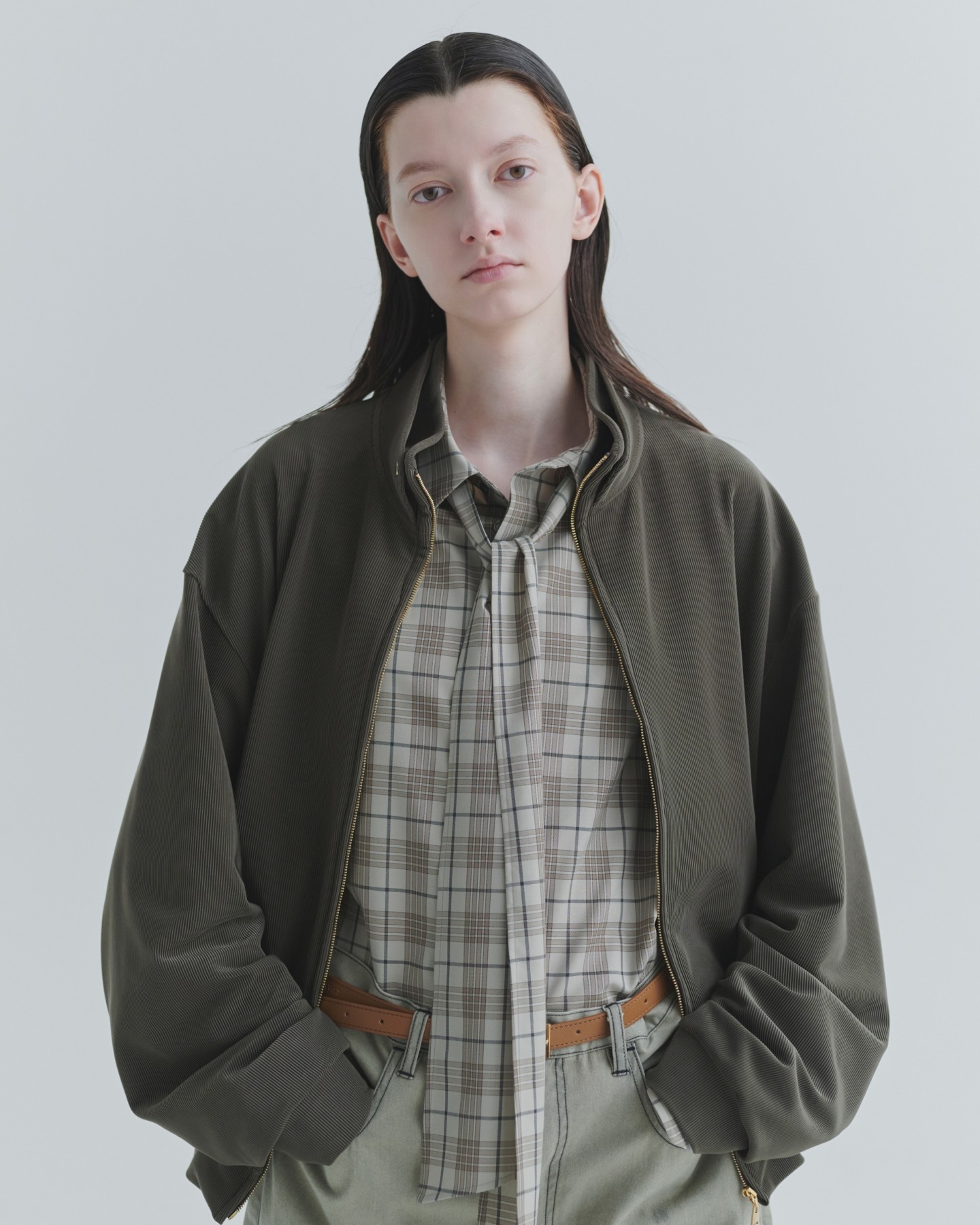 Stretch Fiber Cord Pique Layered Collar Zip Up Blouson