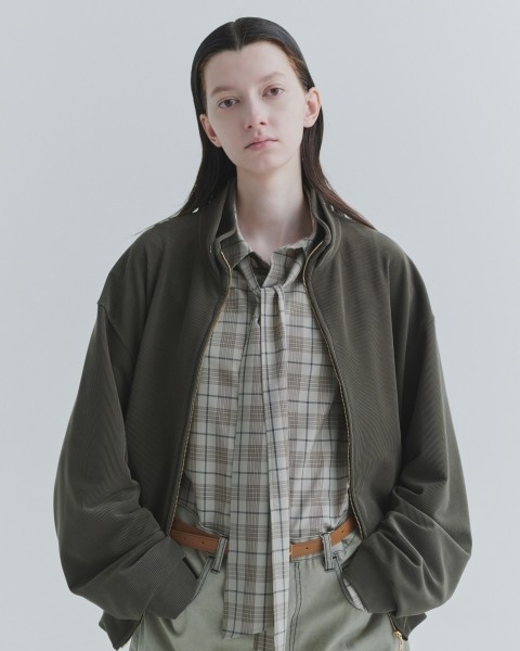 Stretch Fiber Cord Pique Layered Collar Zip Up Blouson