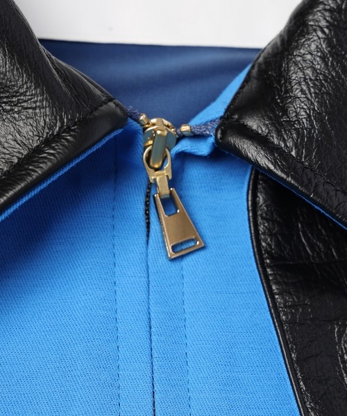 Structured Twill Double Cloth Leather Collar Blouson
