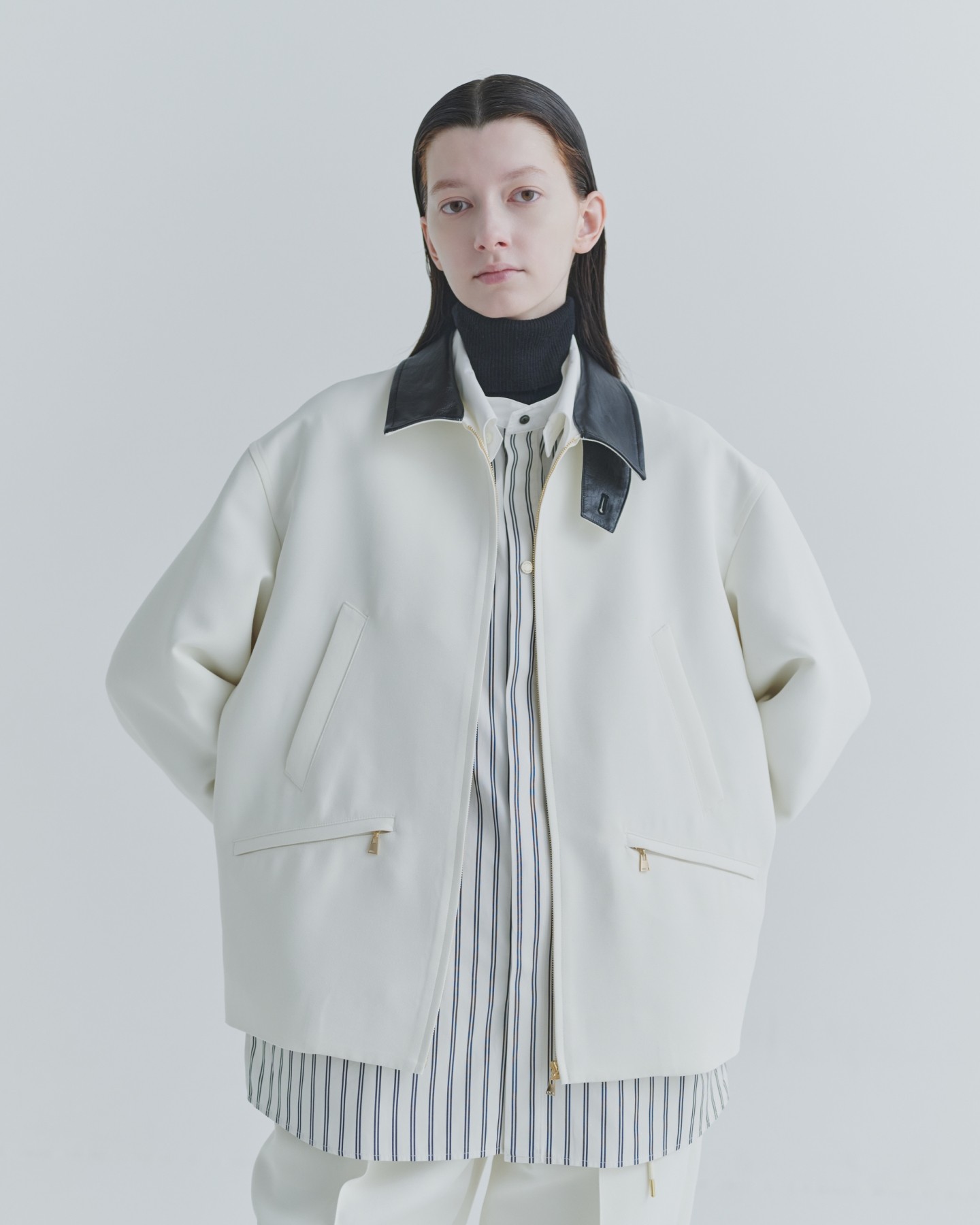 Structured Twill Double Cloth Leather Collar Blouson