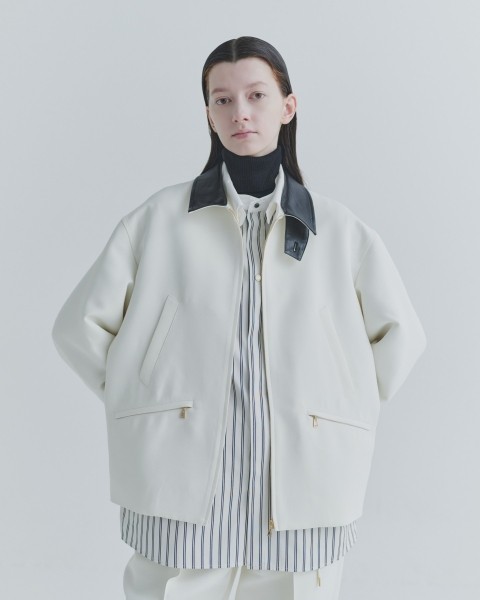 Structured Twill Double Cloth Leather Collar Blouson