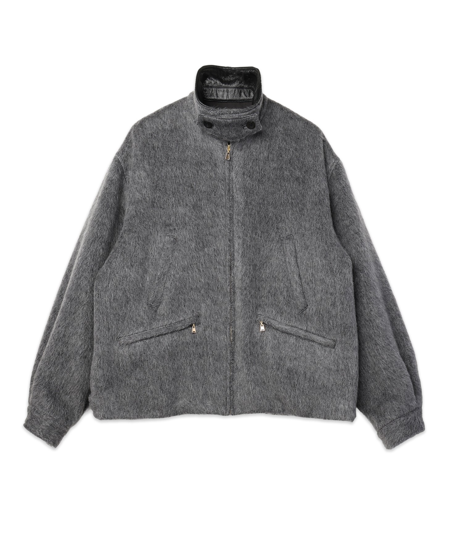 Brushed Mohair Shaggy Leather Collar Blouson