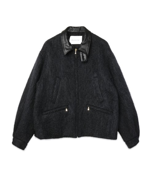 Brushed Mohair Shaggy Leather Collar Blouson