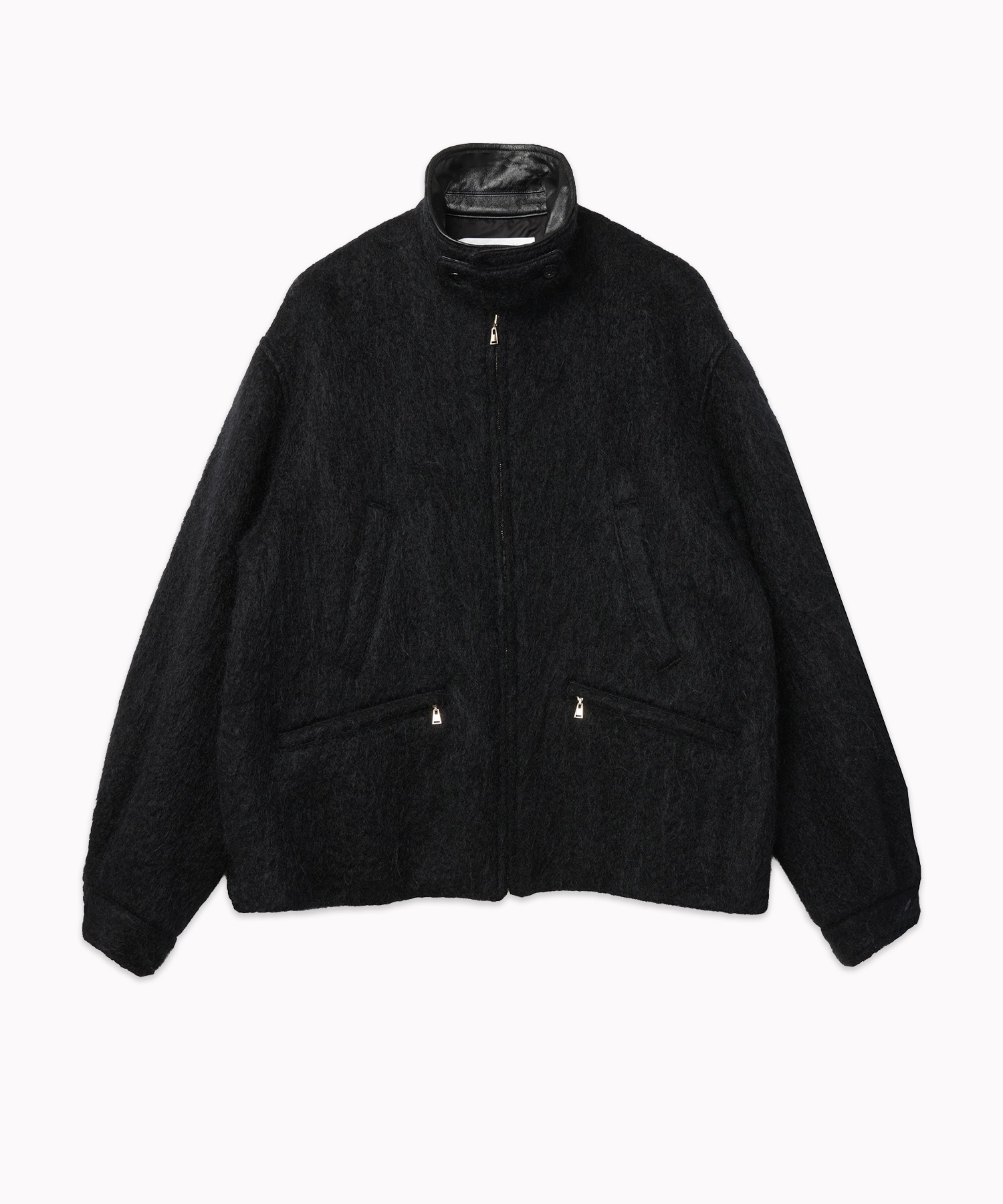 Brushed Mohair Shaggy Leather Collar Blouson