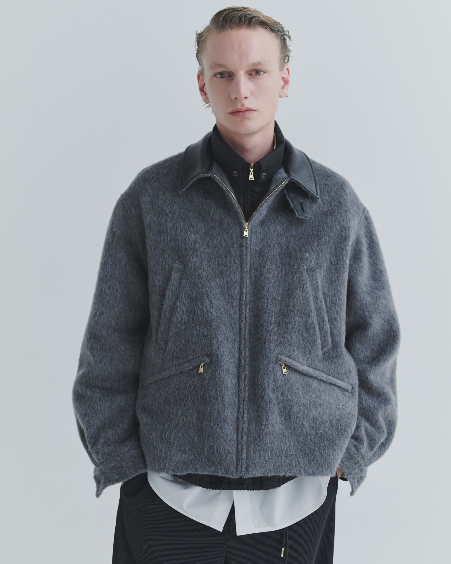 Brushed Mohair Shaggy Leather Collar Blouson