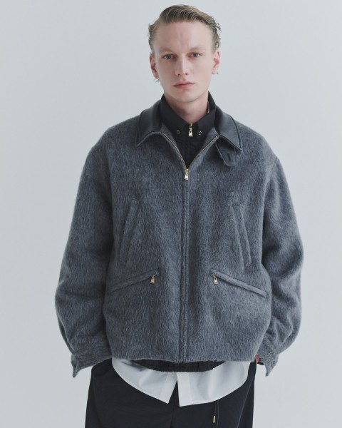 Brushed Mohair Shaggy Leather Collar Blouson