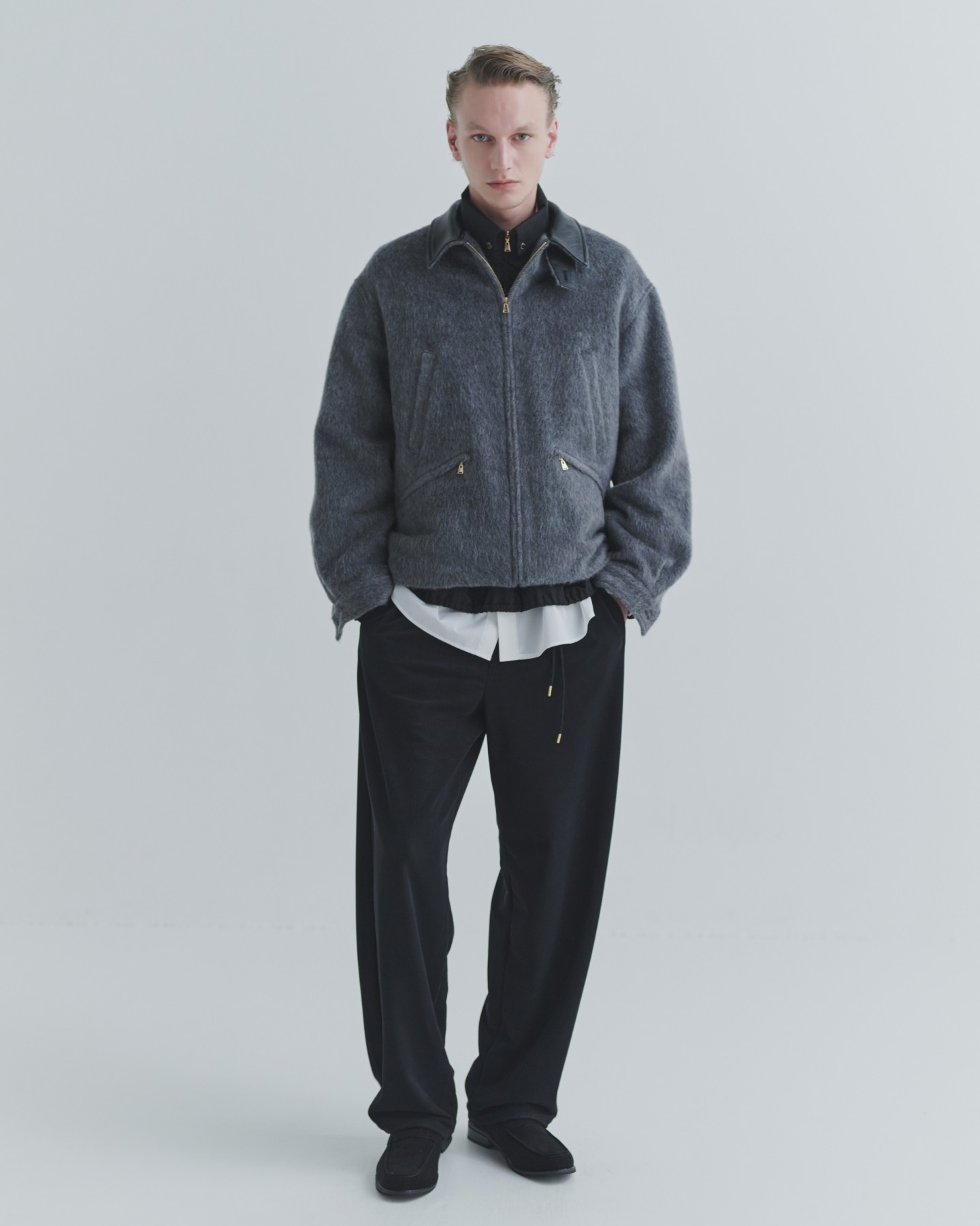 Brushed Mohair Shaggy Leather Collar Blouson
