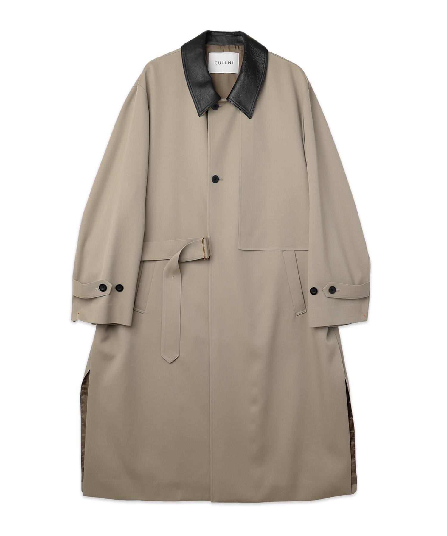 Wool Gabardine Tielocken Leather Collar Long Coat
