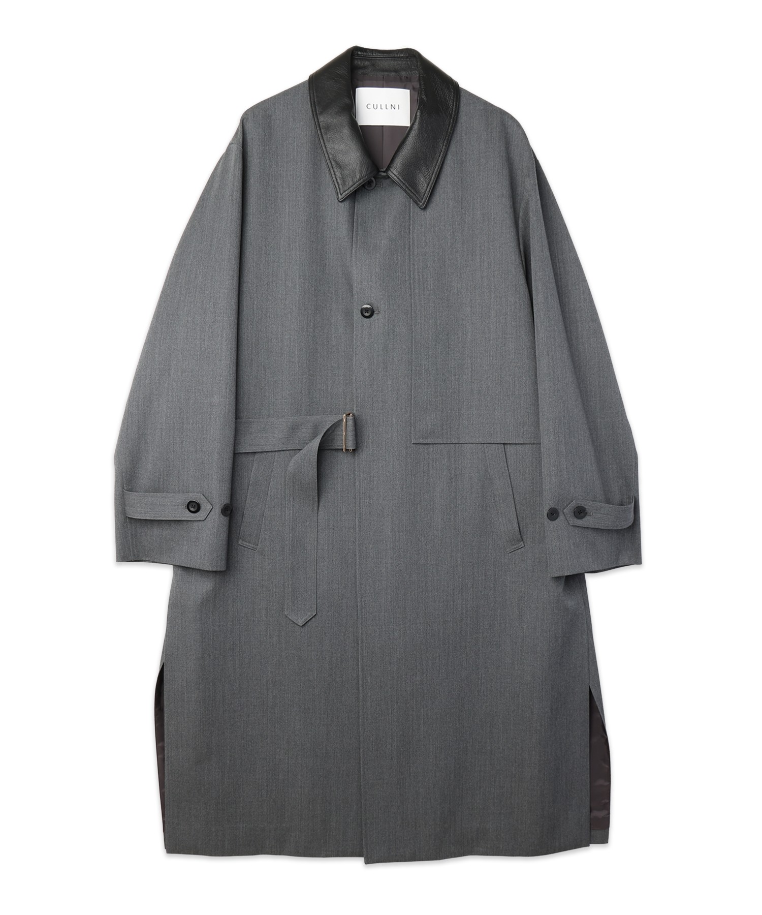 Wool Gabardine Tielocken Leather Collar Long Coat