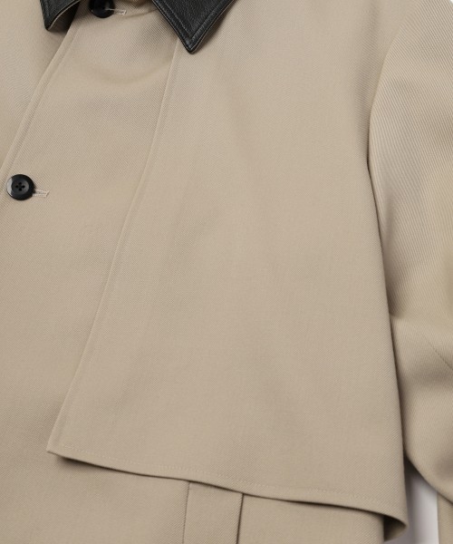Wool Gabardine Tielocken Leather Collar Long Coat