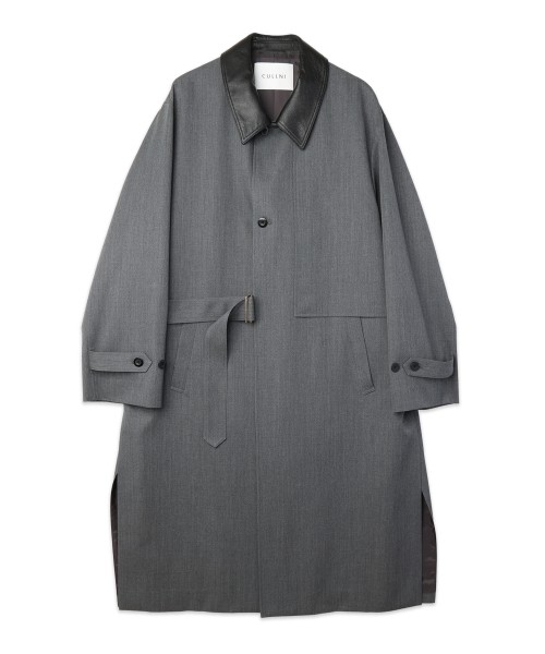 Wool Gabardine Tielocken Leather Collar Long Coat