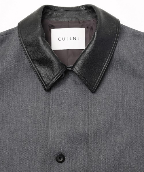 Wool Gabardine Tielocken Leather Collar Long Coat