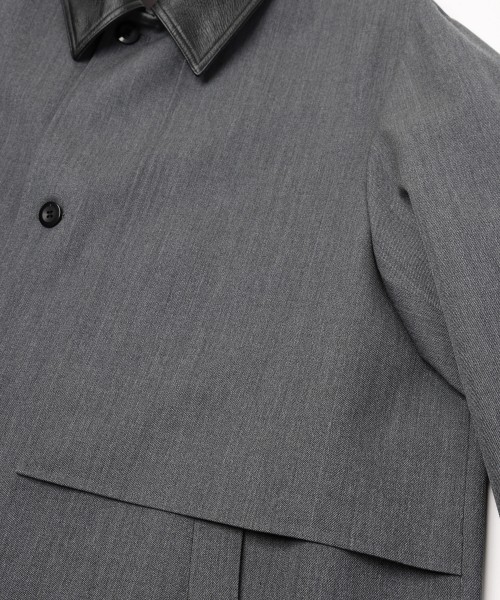 Wool Gabardine Tielocken Leather Collar Long Coat