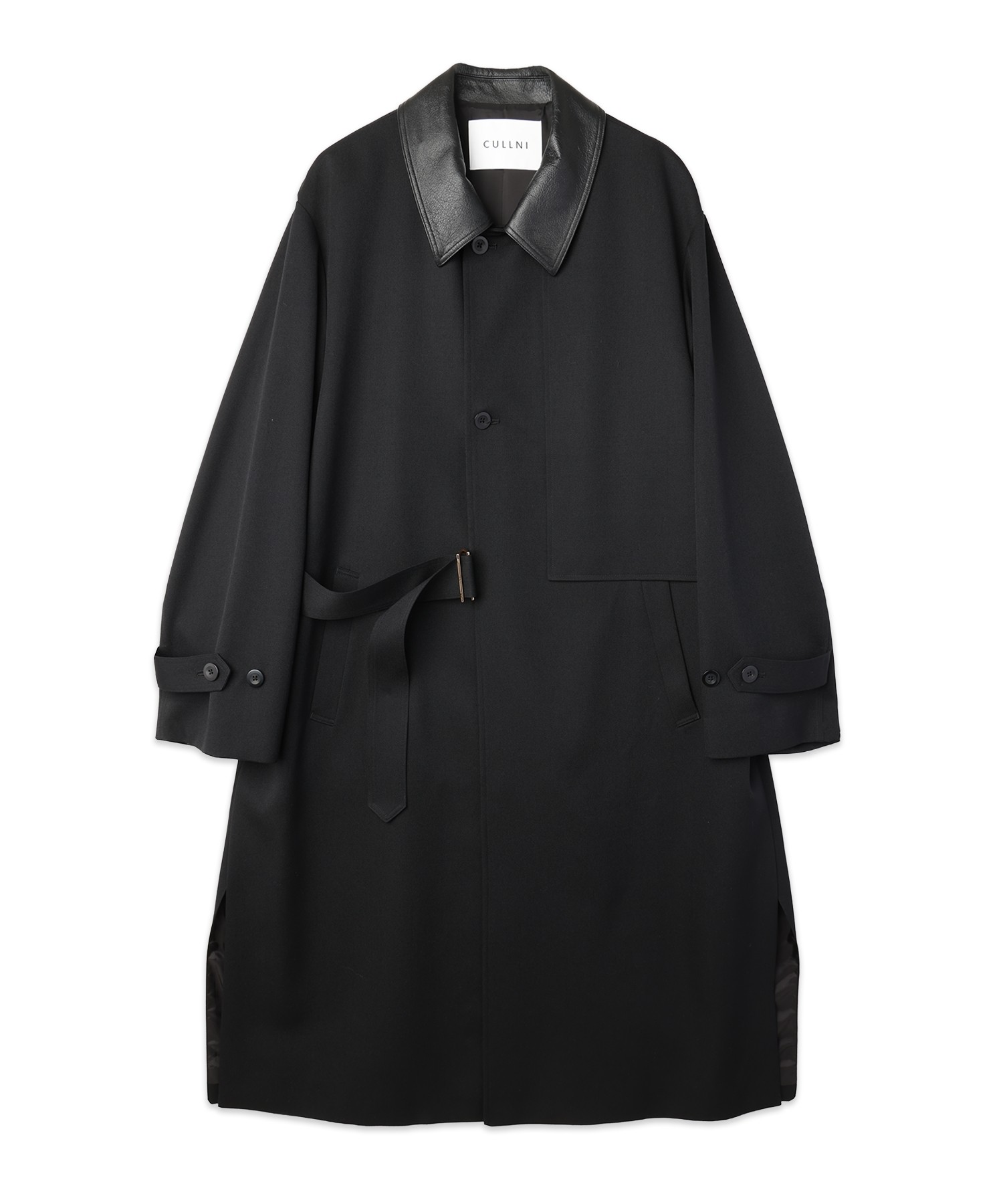 Wool Gabardine Tielocken Leather Collar Long Coat