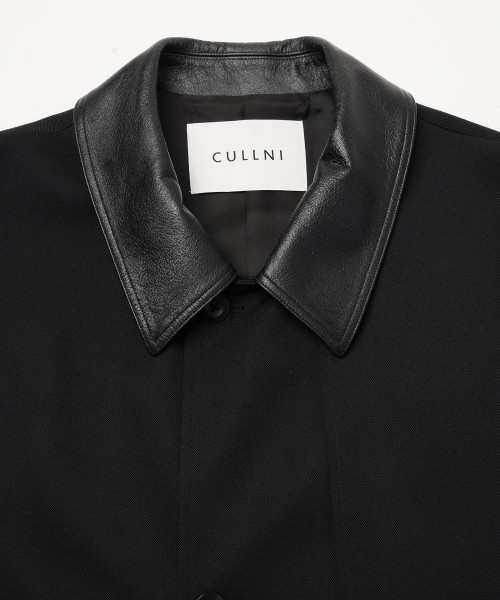 Wool Gabardine Tielocken Leather Collar Long Coat