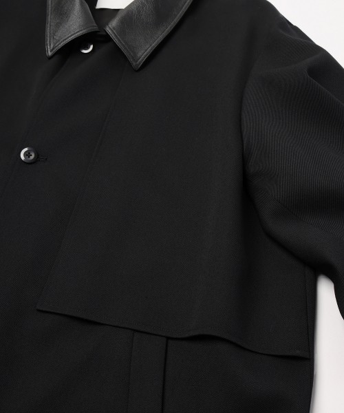 Wool Gabardine Tielocken Leather Collar Long Coat
