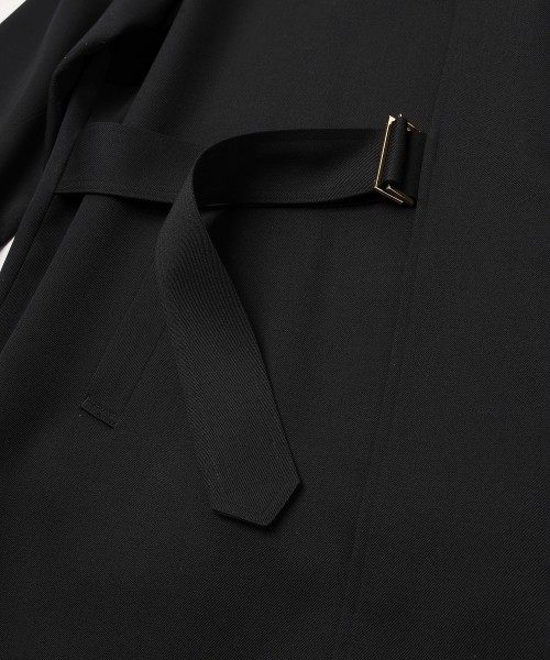 Wool Gabardine Tielocken Leather Collar Long Coat