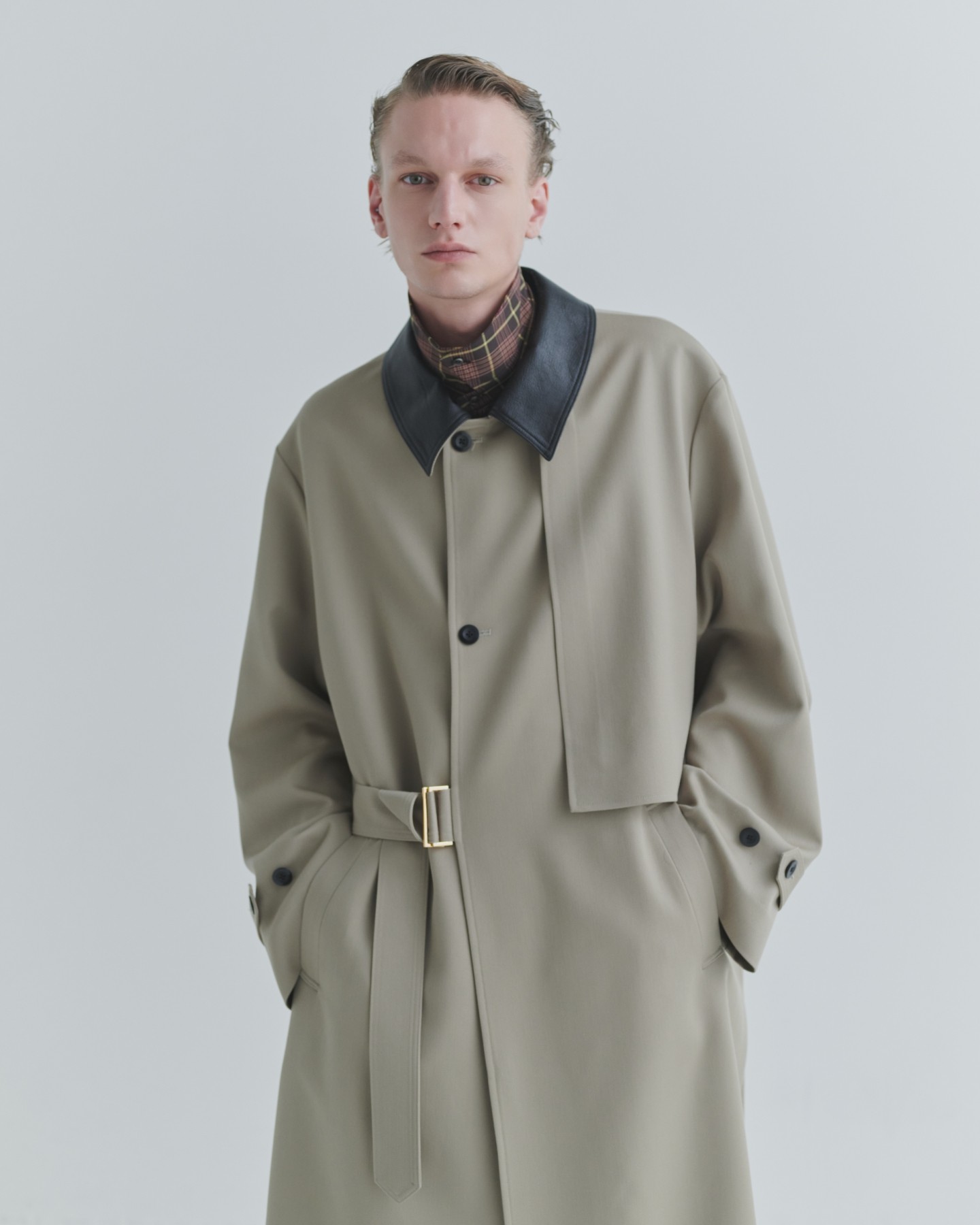 Wool Gabardine Tielocken Leather Collar Long Coat