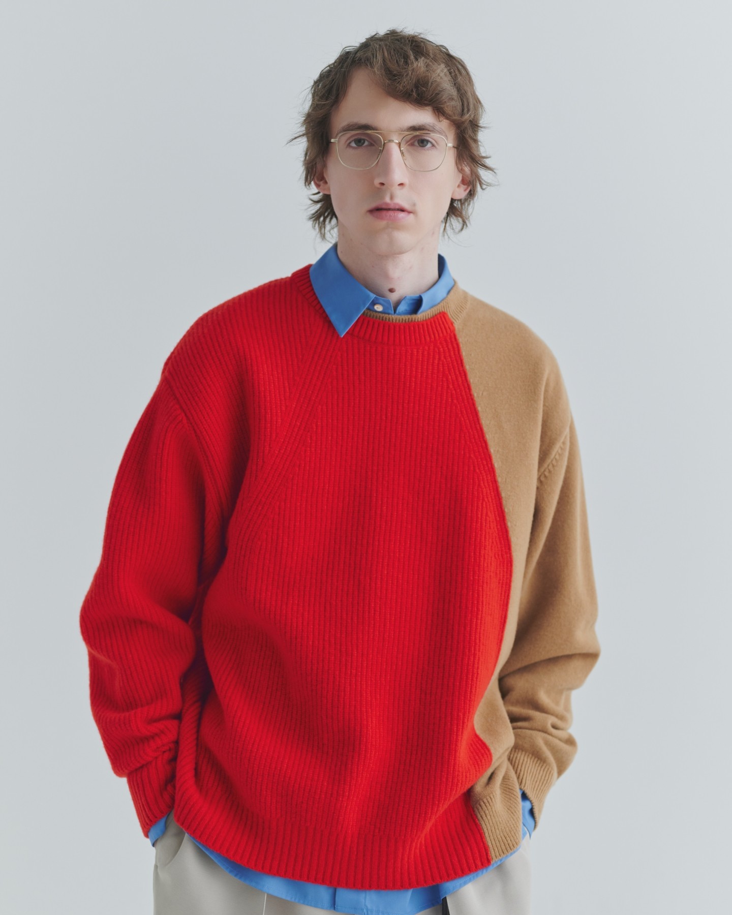 Extra Wool Tone Switch Layered Rib Neck Knit Pullover