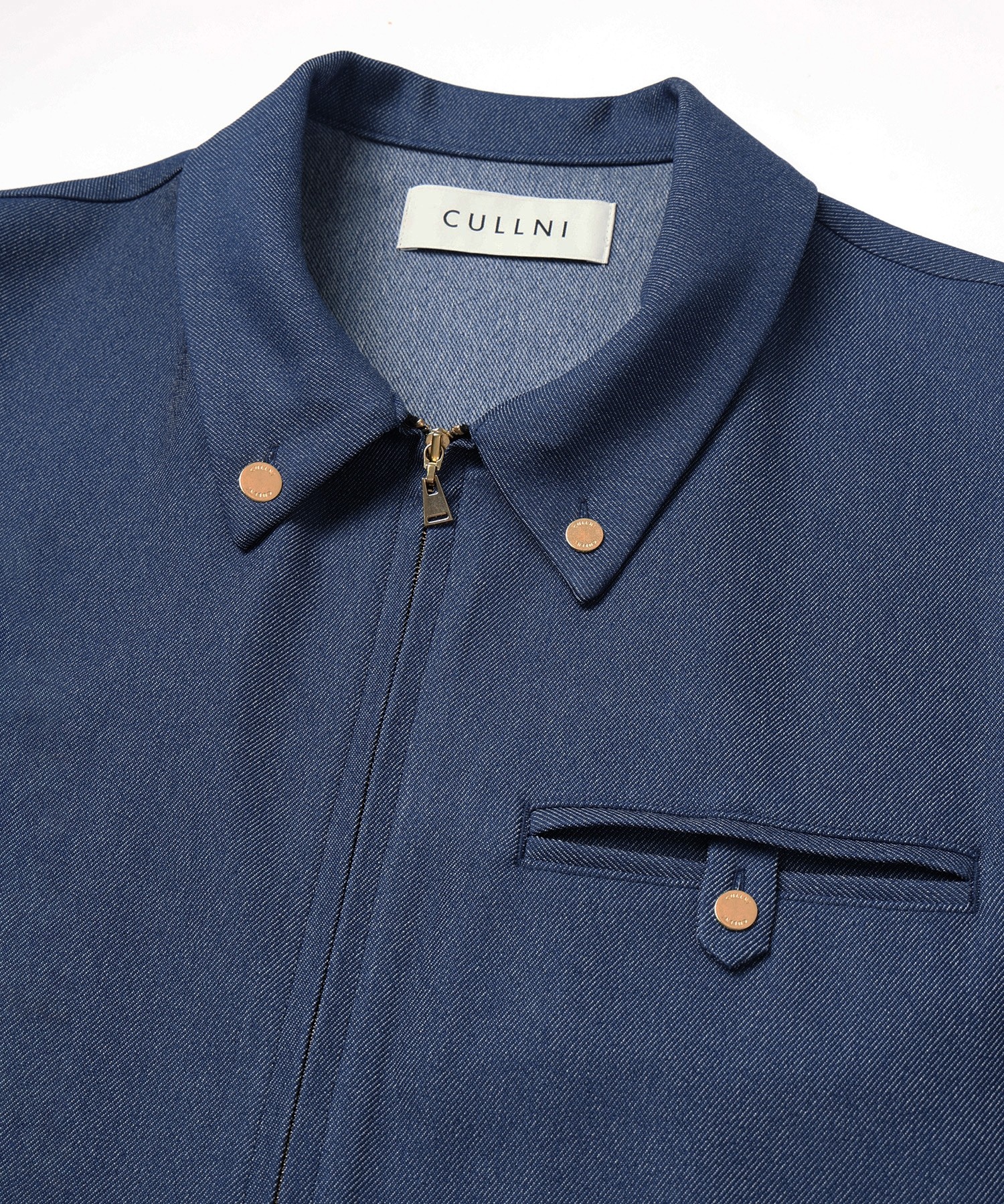 Faux Denim Button-Tab Pocket Zip Up Shirt