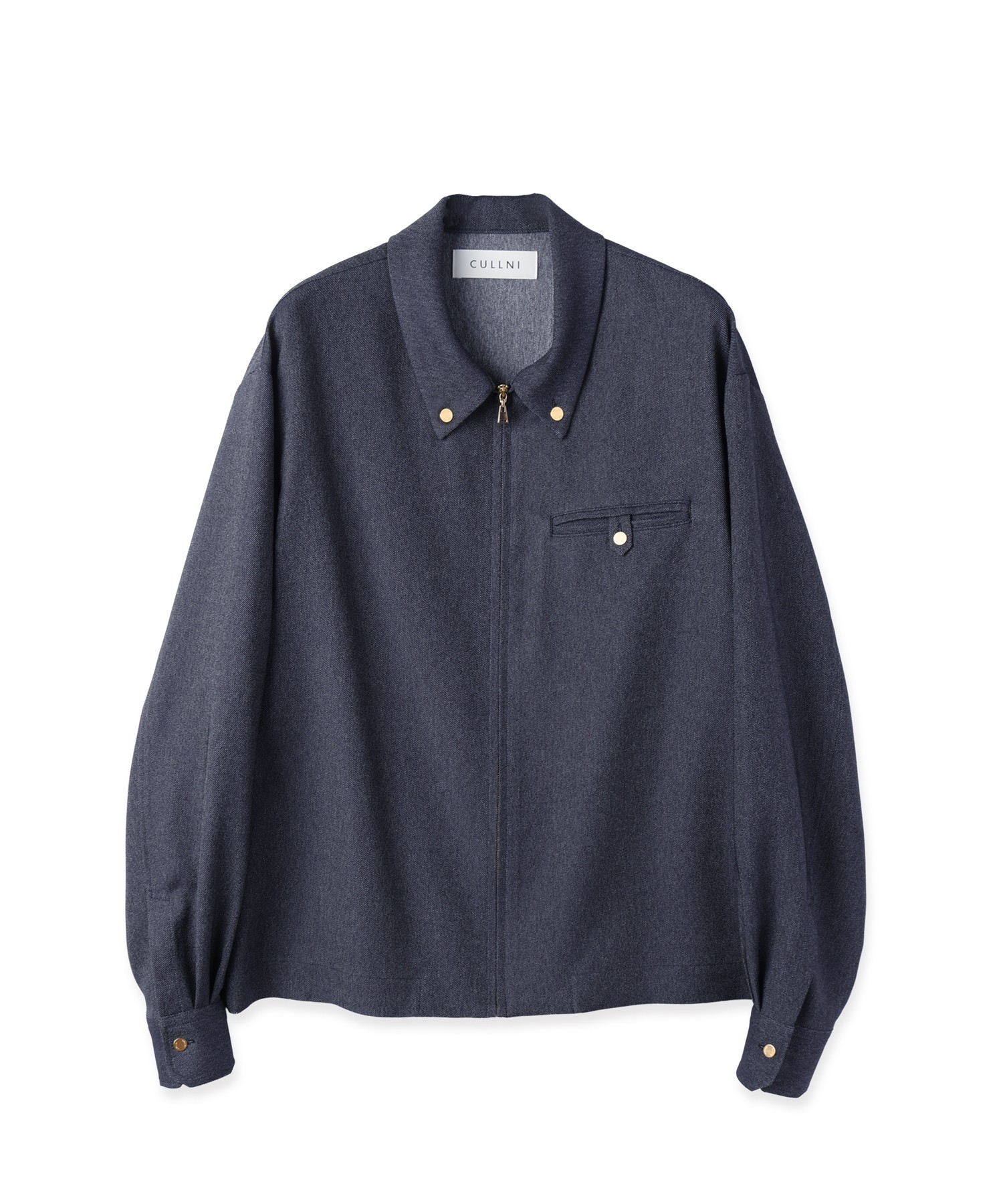 Faux Denim Button-Tab Pocket Zip Up Shirt