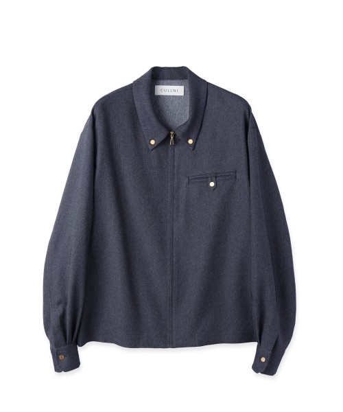 Faux Denim Button-Tab Pocket Zip Up Shirt