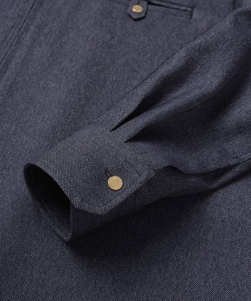 Faux Denim Button-Tab Pocket Zip Up Shirt