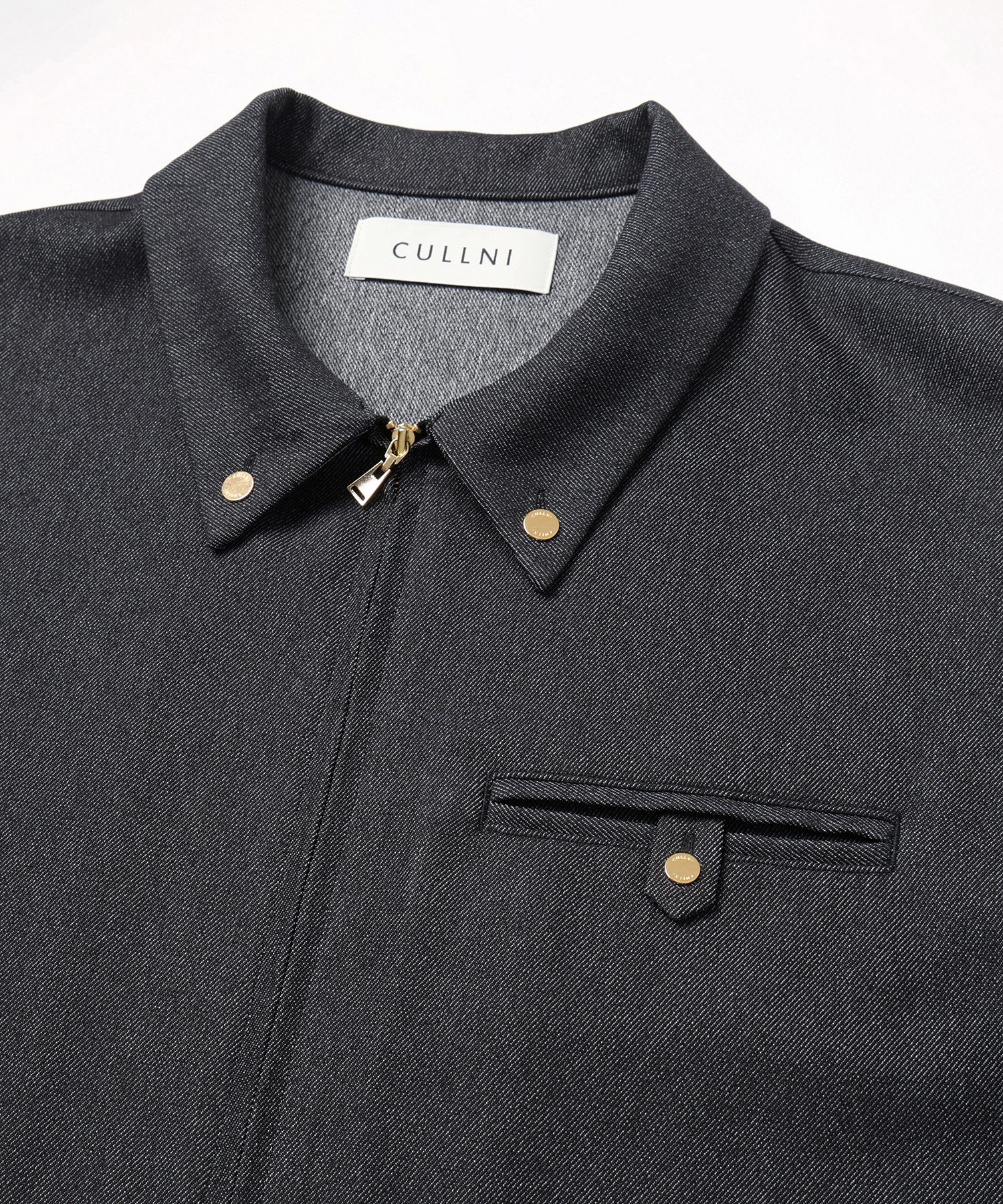 Faux Denim Button-Tab Pocket Zip Up Shirt