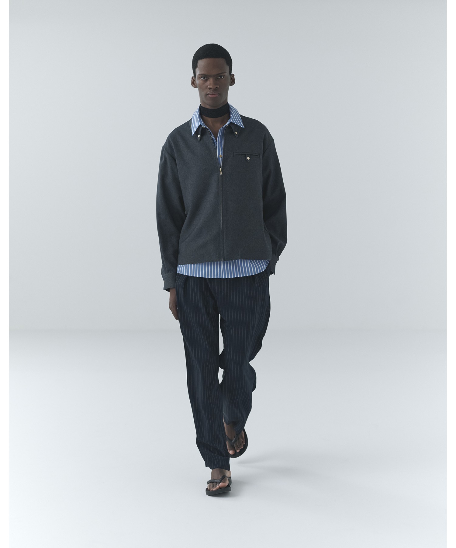 Faux Denim Button-Tab Pocket Zip Up Shirt