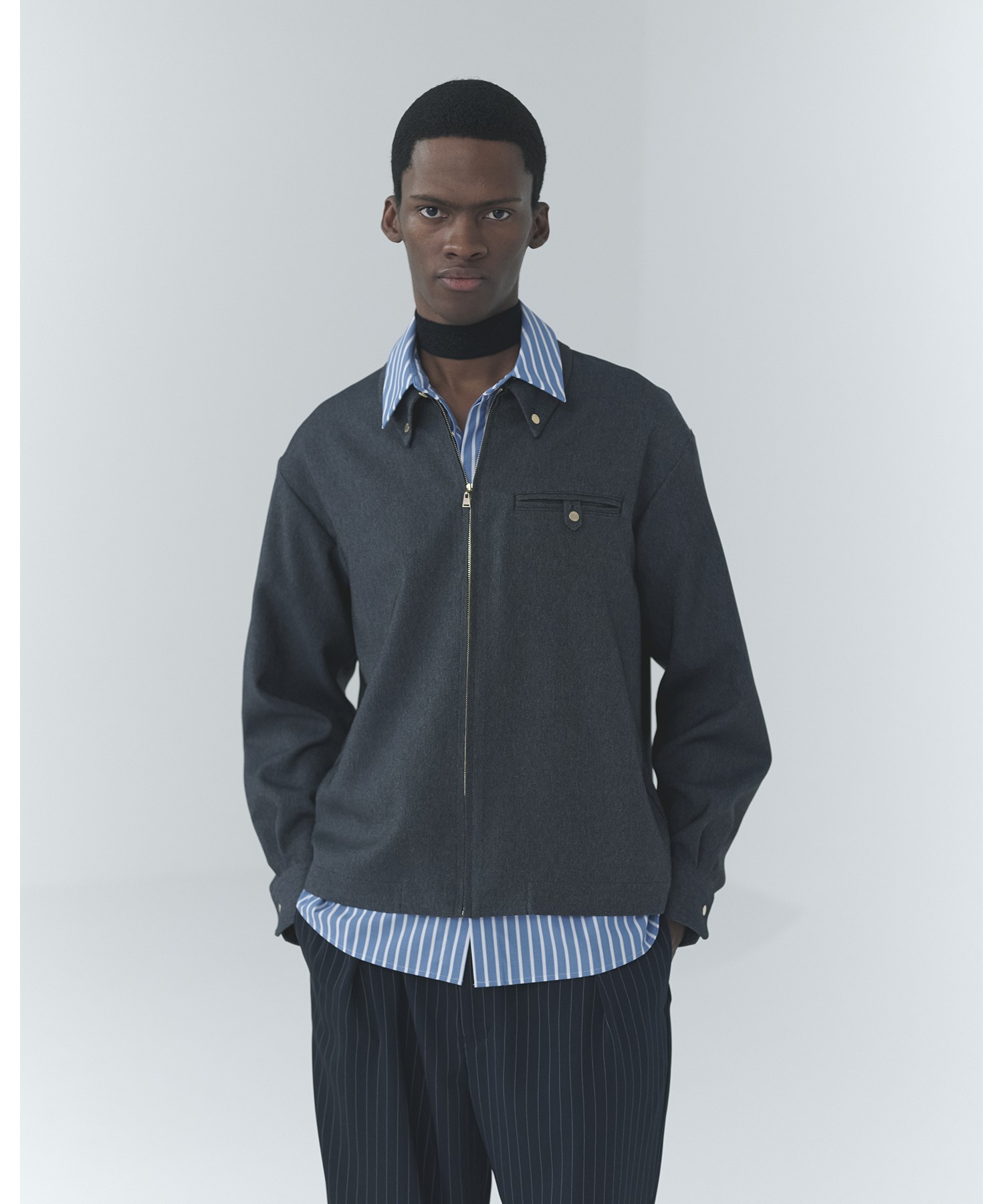 Faux Denim Button-Tab Pocket Zip Up Shirt