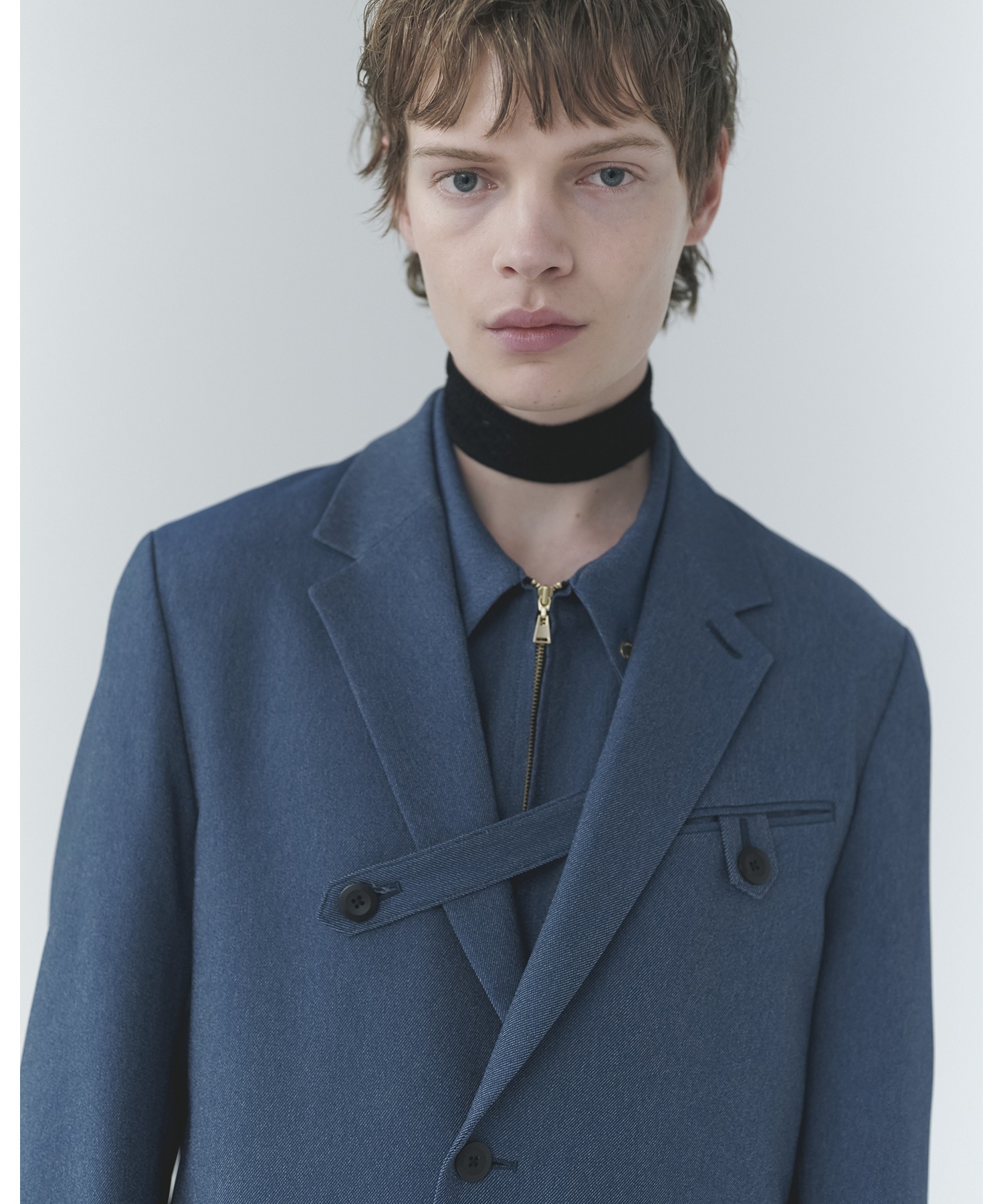 Faux Denim Button-Tab Pocket Zip Up Shirt