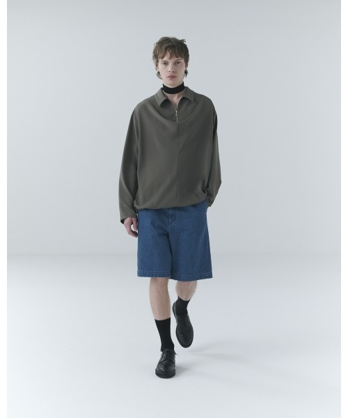 Airy Cloth Drape Drawstring Half Zip Shirt