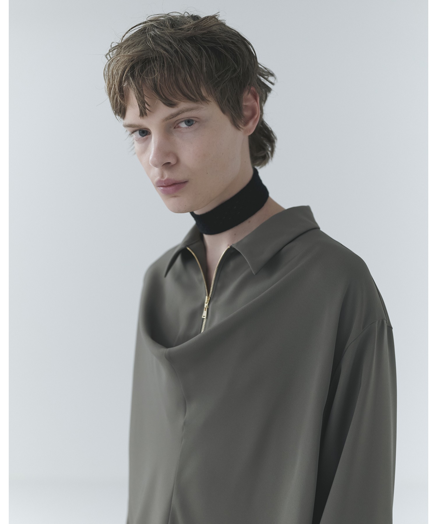 Airy Cloth Drape Drawstring Half Zip Shirt