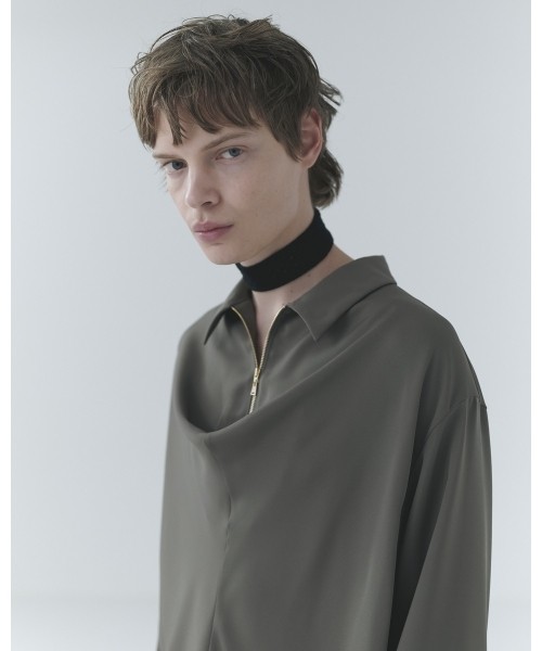 Airy Cloth Drape Drawstring Half Zip Shirt