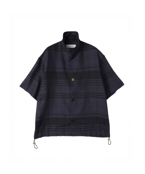 Sheer Tile Check Drawstring Short Sleeve Shirt