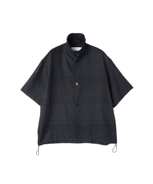 Sheer Tile Check Drawstring Short Sleeve Shirt