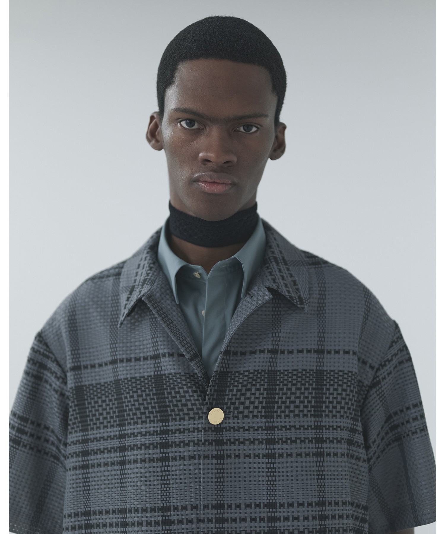 Sheer Tile Check Drawstring Short Sleeve Shirt